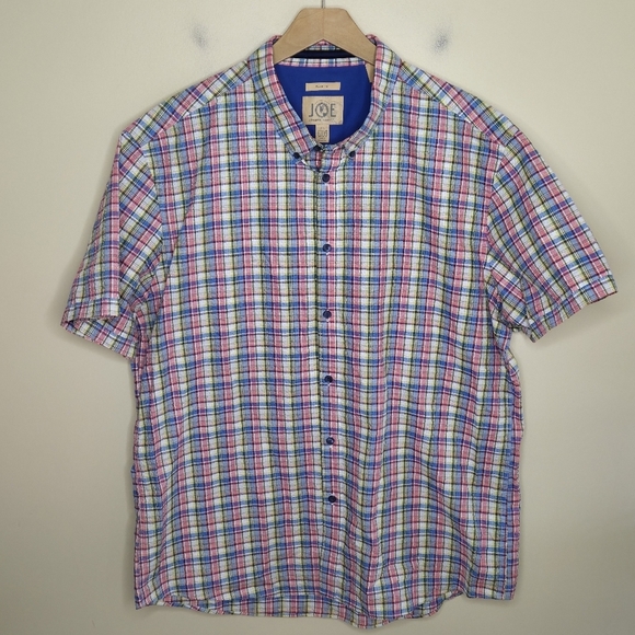 JOE Joseph Abboud Colorful Plaid Seersucker Slim Fit Short Sleeve Button Shirt - Picture 1 of 5